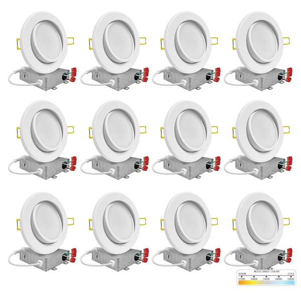 Nuwatt 6 Inch Gimbal LED Recessed Lighting for Sloped Ceiling 2700K-5000K 5CCT Canless Lights, PK12 NW-P-ADJDL-6-12W-5CT-WH-12P - main